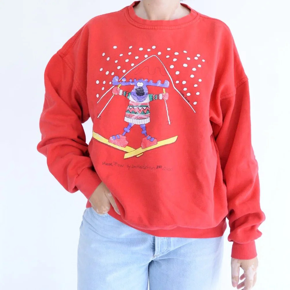 Vintage Limited Edition Red Moose Plow Skiing Puff Print Crew Neck Sweater Xl